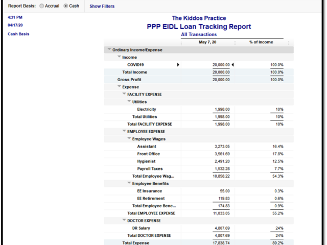 QuickBooks PPP EIDL Loan Tracking Report