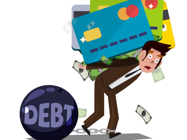 Man carrying oversized credit cards chained to a debt ball, symbolizing the burden of personal and business debt.